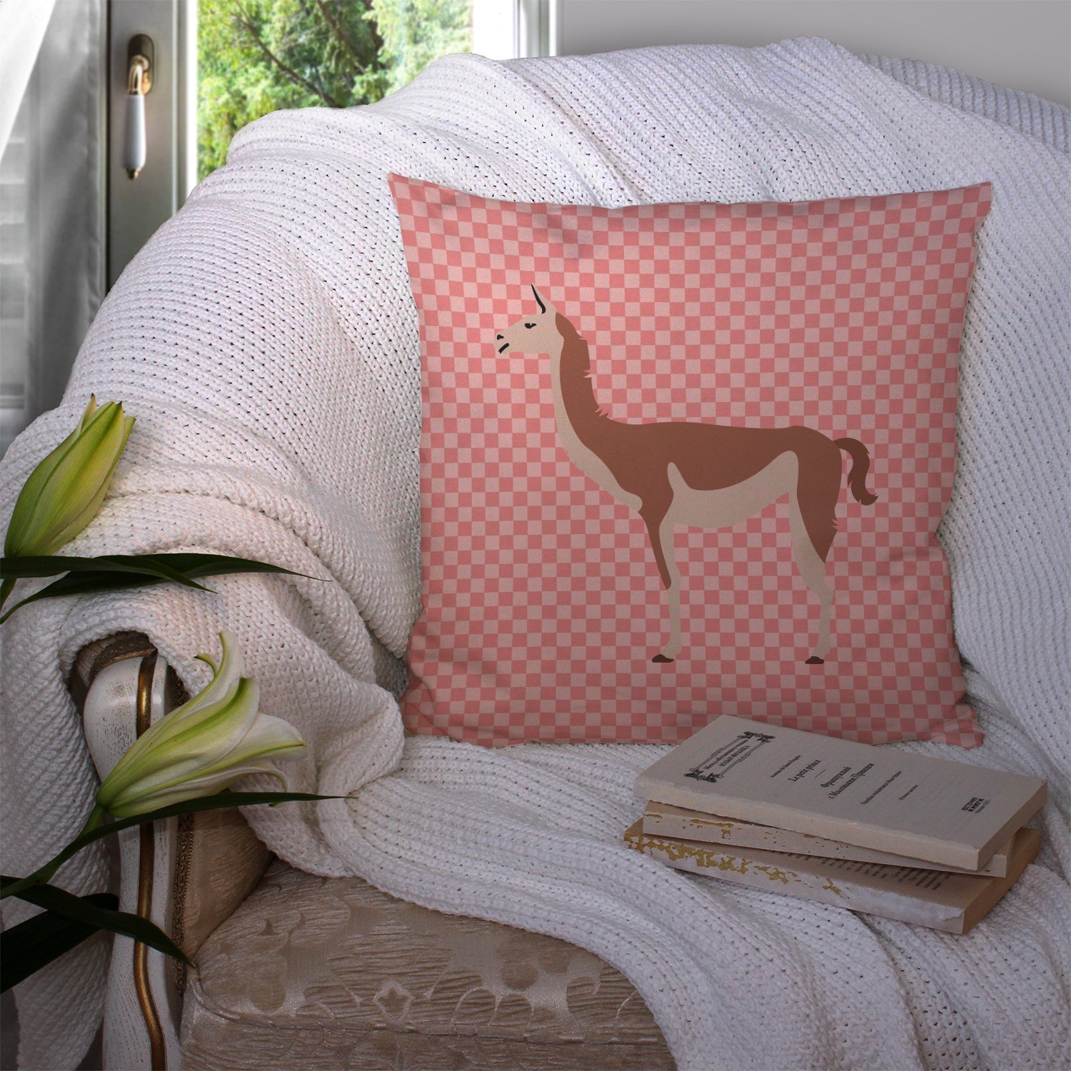 Guanaco Pink Check Decorative Throw Pillow 14x14 Indoor Outdoor Accent Cushion, Fabric Cover with Insert for Sofa, Bed, Porch & Living Room