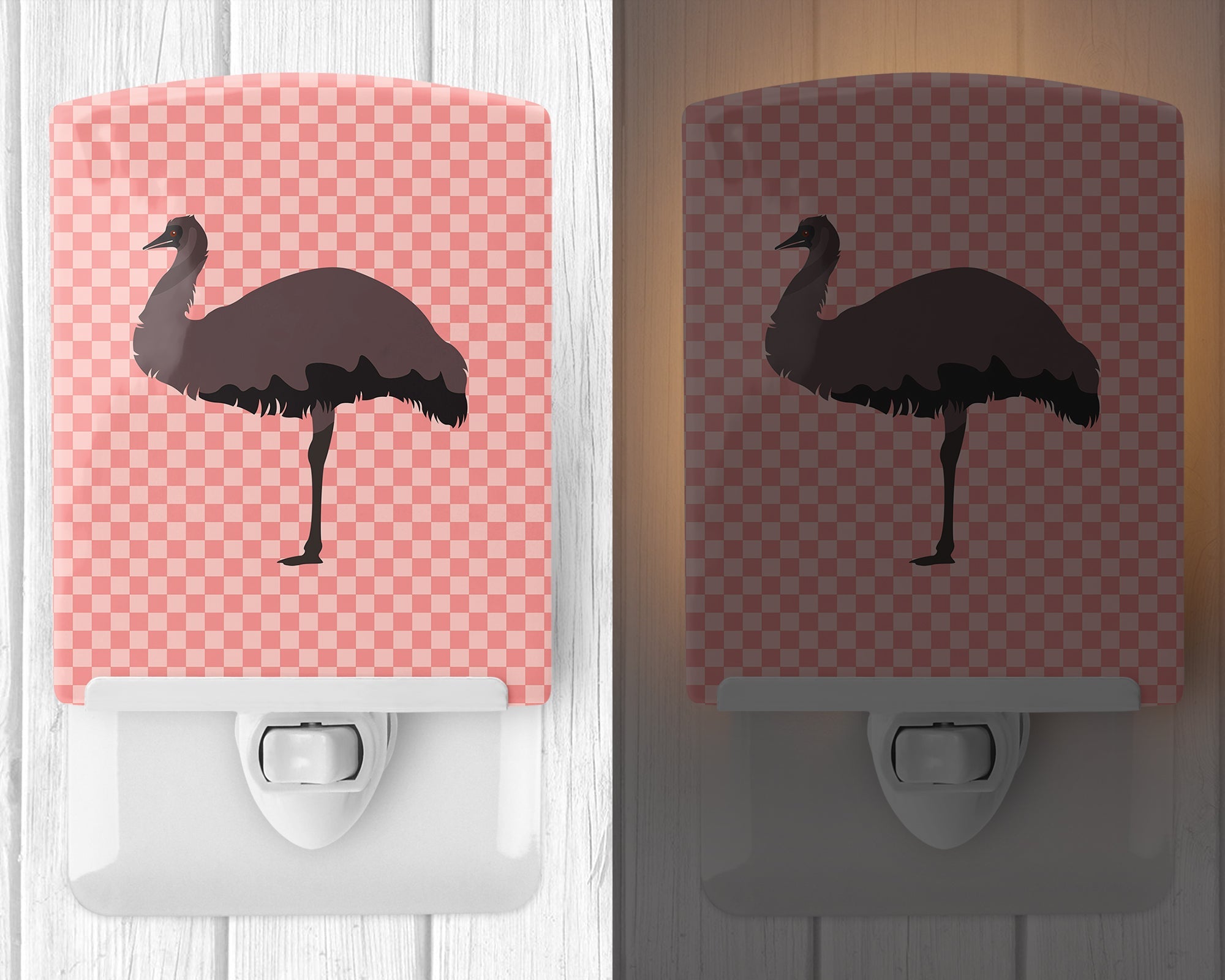 Emu Pink Check Ceramic Night Light Compact, UL-Certified, Ideal for Bedroom, Bathroom, Nursery, Hallway, Kitchen, 6x4x3, Multicolor