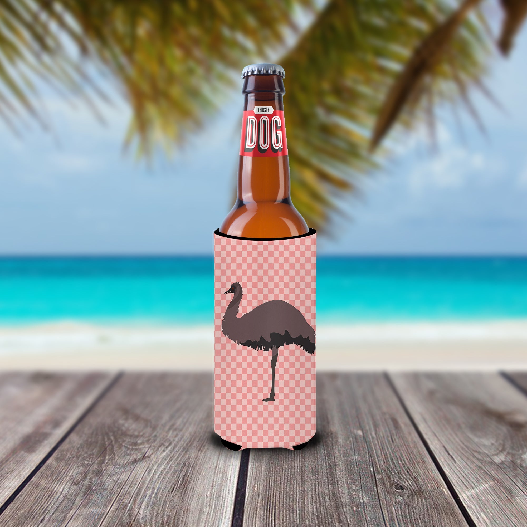 Emu Pink Check Slim Can Hugger , Insulated Foam Hugger for 12 oz Slim Cans, Beer Bottles & Water Bottles, Printed in USA