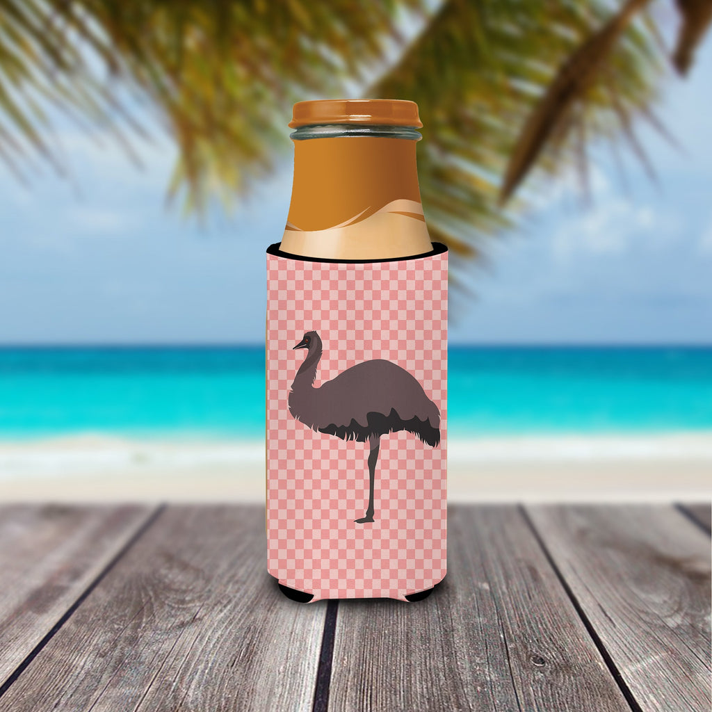 Emu Pink Check Slim Can Hugger , Insulated Foam Hugger for 12 oz Slim Cans, Beer Bottles & Water Bottles, Printed in USA