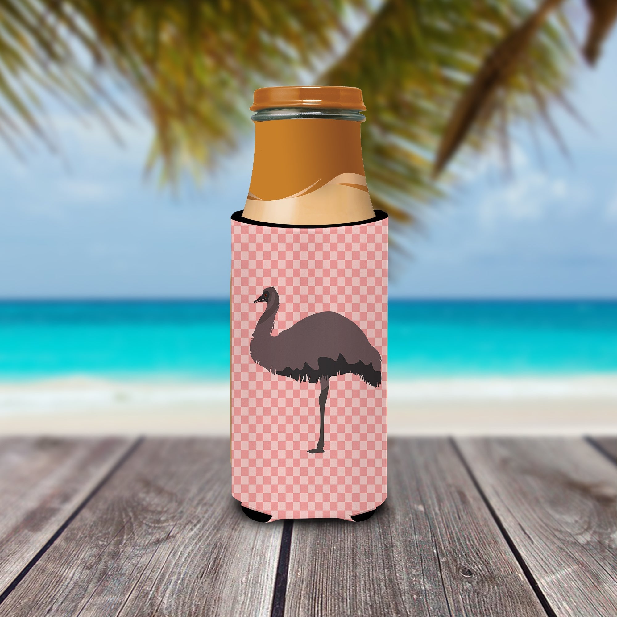 Emu Pink Check Slim Can Hugger , Insulated Foam Hugger for 12 oz Slim Cans, Beer Bottles & Water Bottles, Printed in USA