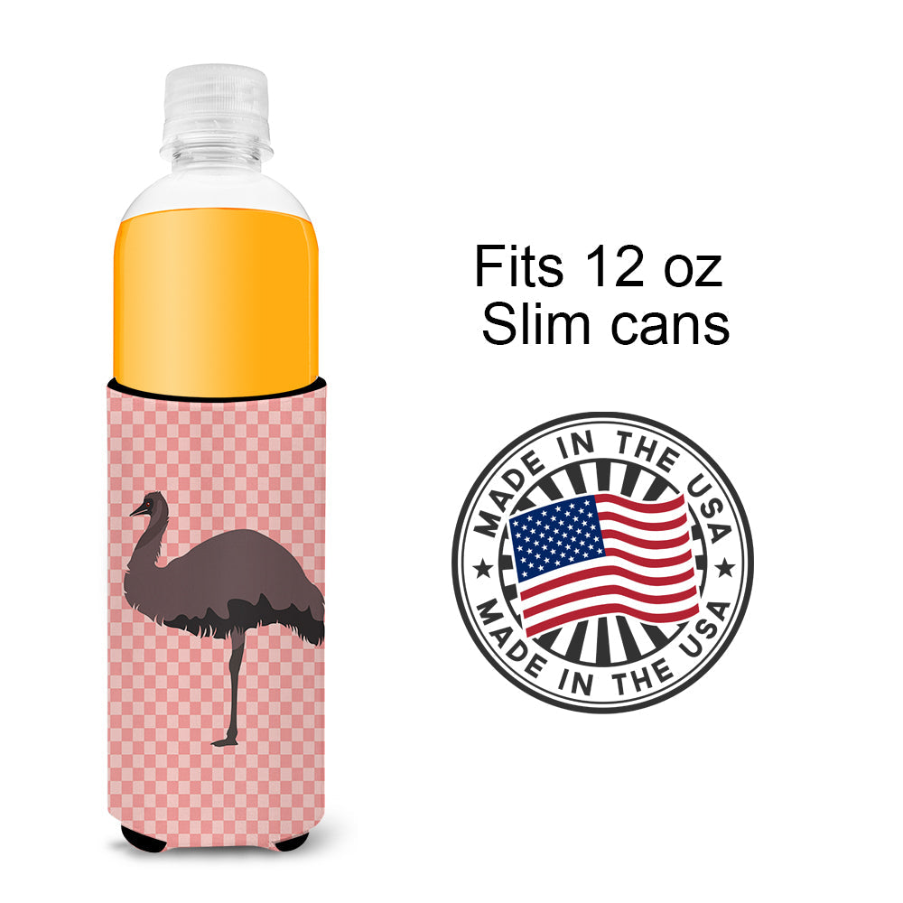 Emu Pink Check Slim Can Hugger , Insulated Foam Hugger for 12 oz Slim Cans, Beer Bottles & Water Bottles, Printed in USA