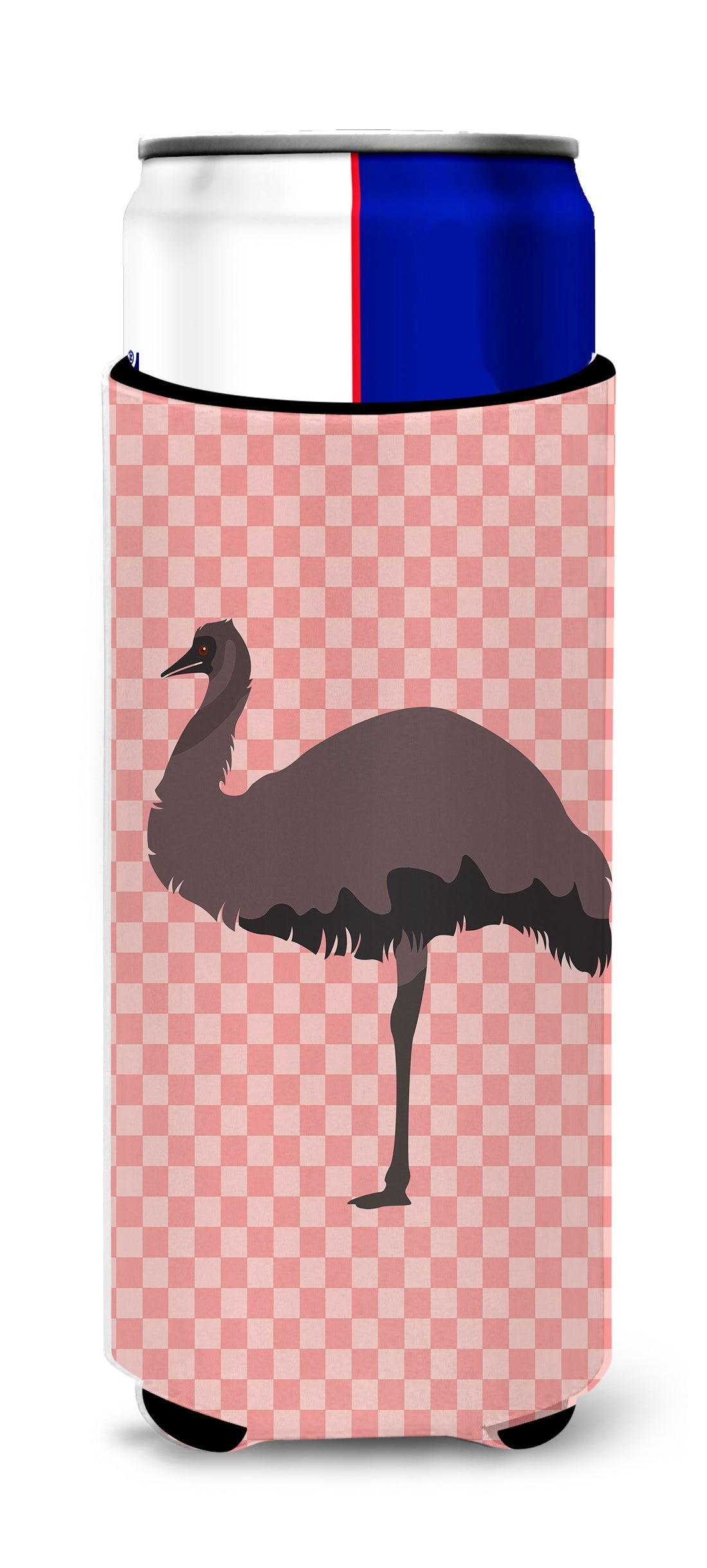 Emu Pink Check Slim Can Hugger , Insulated Foam Hugger for 12 oz Slim Cans, Beer Bottles & Water Bottles, Printed in USA