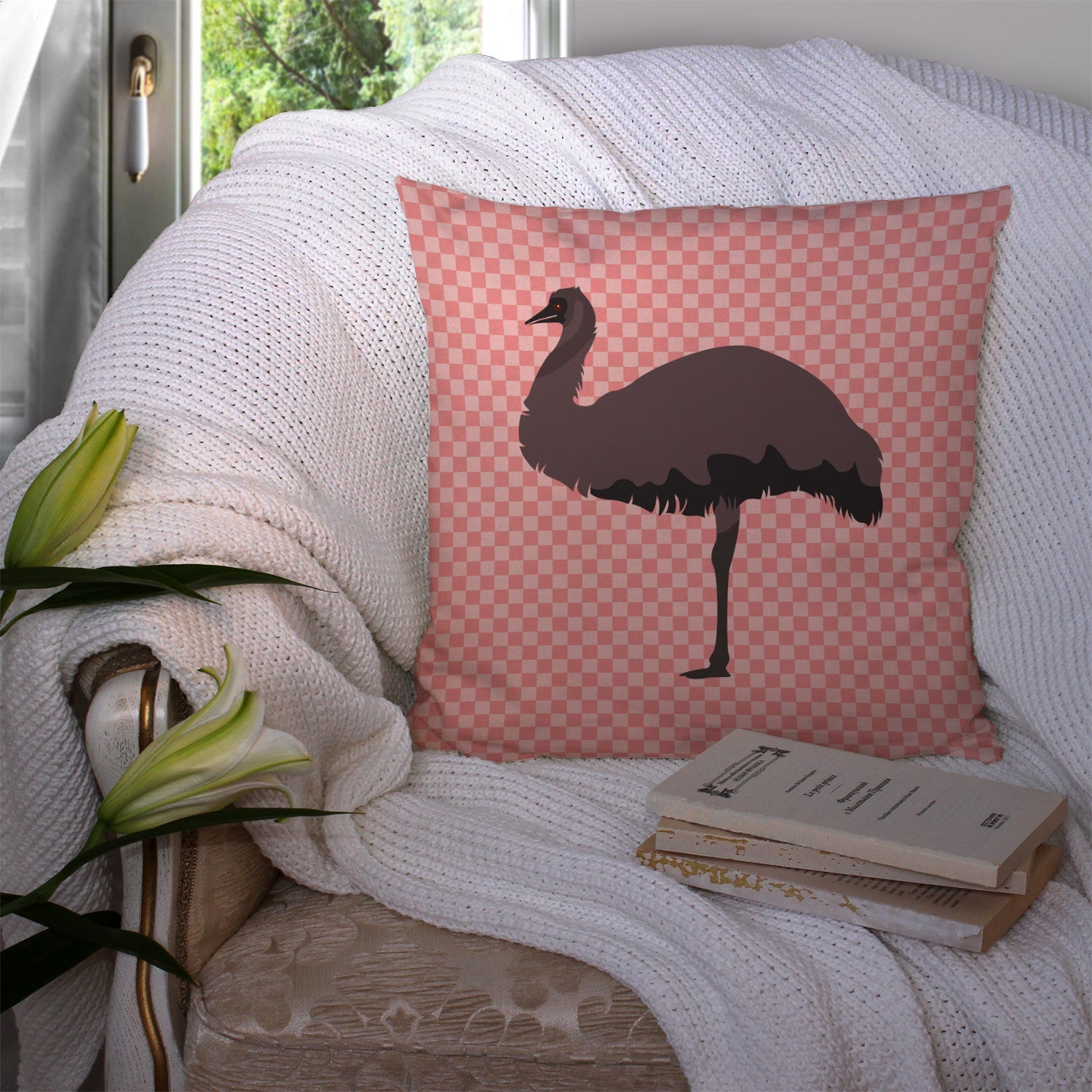 Emu Pink Check Decorative Throw Pillow 14x14 Indoor Outdoor Accent Cushion, Fabric Cover with Insert for Sofa, Bed, Porch & Living Room