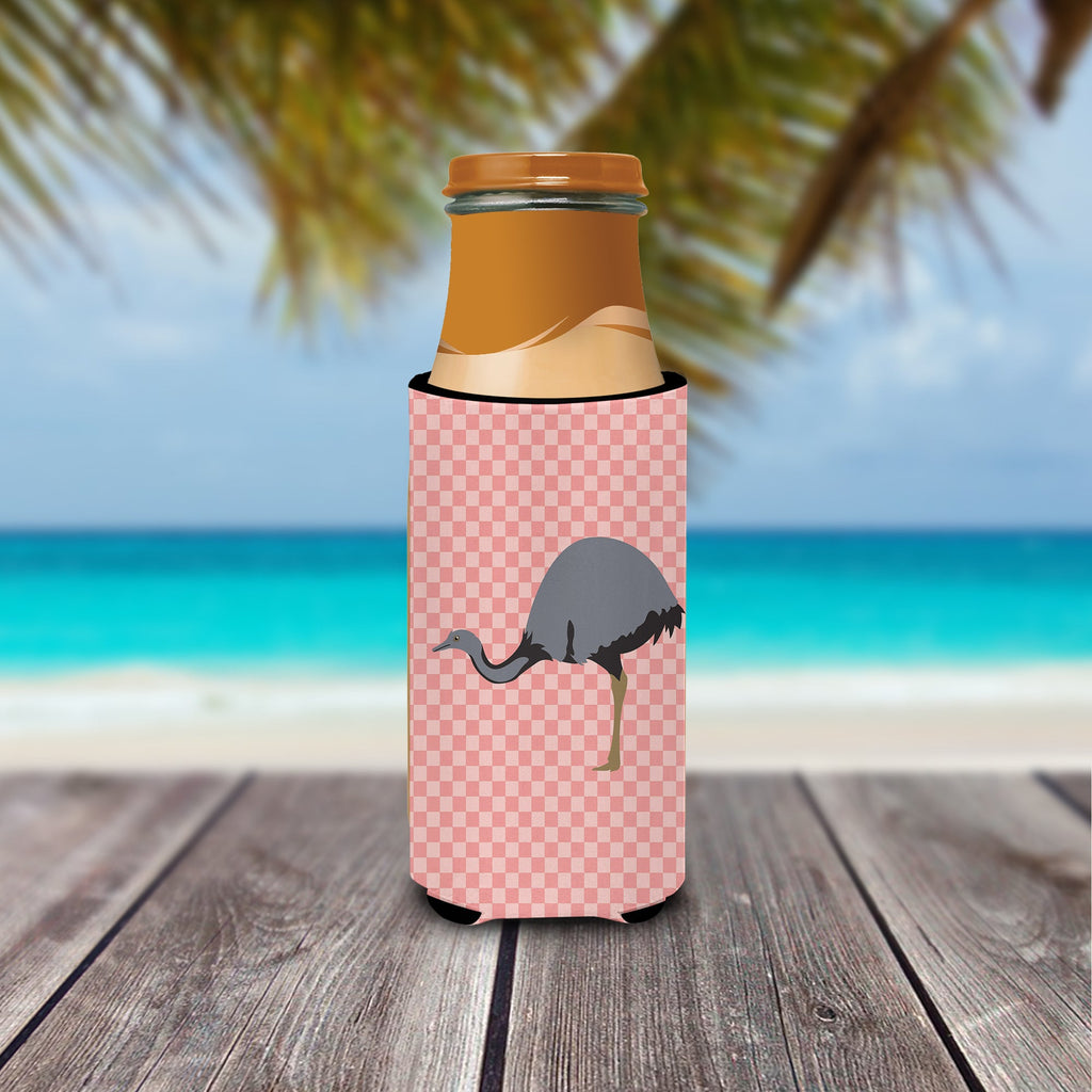 Rhea  Pink Check Slim Can Hugger , Insulated Foam Hugger for 12 oz Slim Cans, Beer Bottles & Water Bottles, Printed in USA