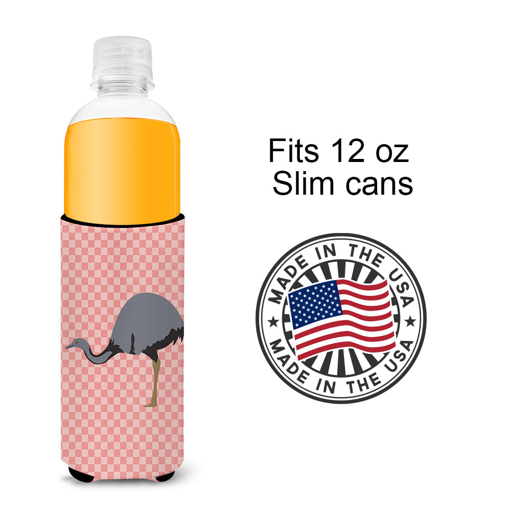 Rhea  Pink Check Slim Can Hugger , Insulated Foam Hugger for 12 oz Slim Cans, Beer Bottles & Water Bottles, Printed in USA
