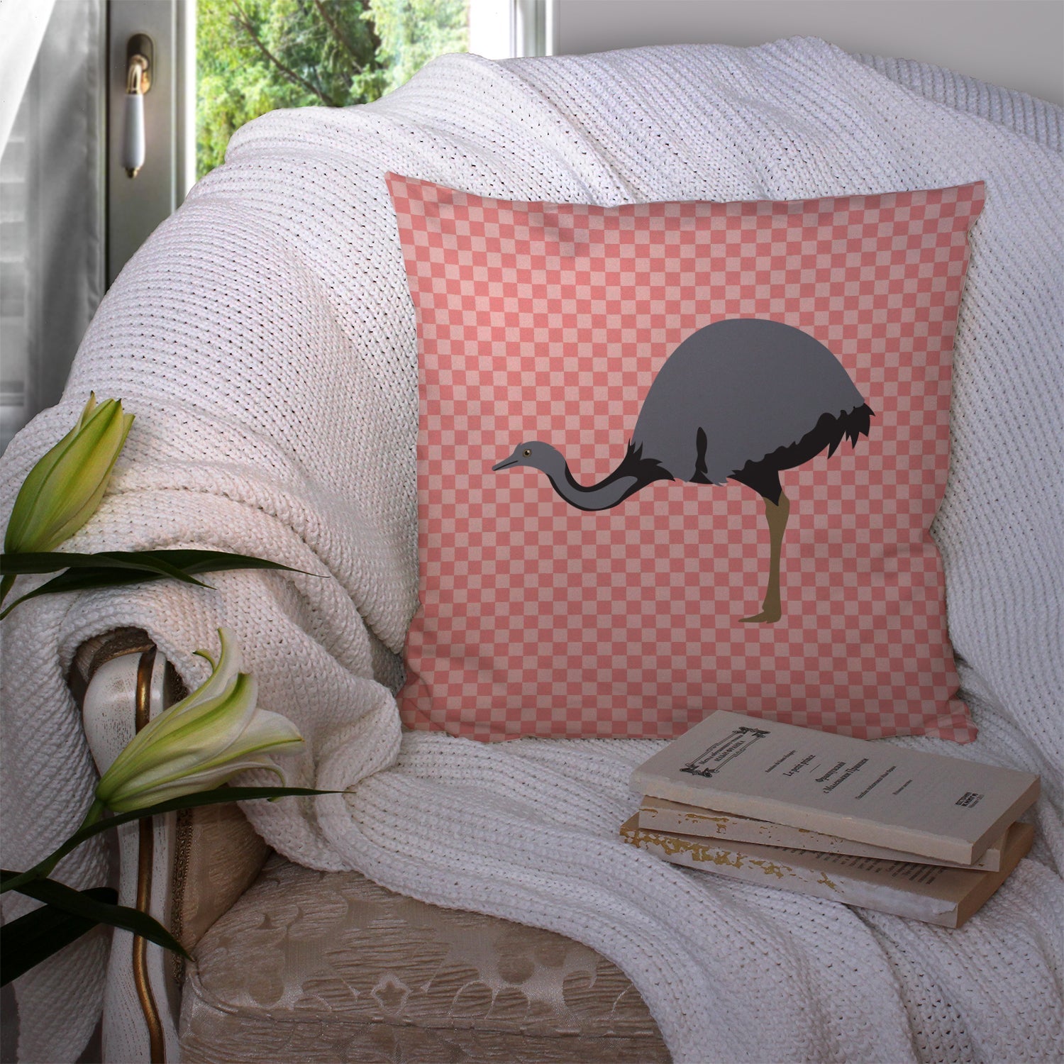 Rhea  Pink Check Decorative Throw Pillow 14x14 Indoor Outdoor Accent Cushion, Fabric Cover with Insert for Sofa, Bed, Porch & Living Room