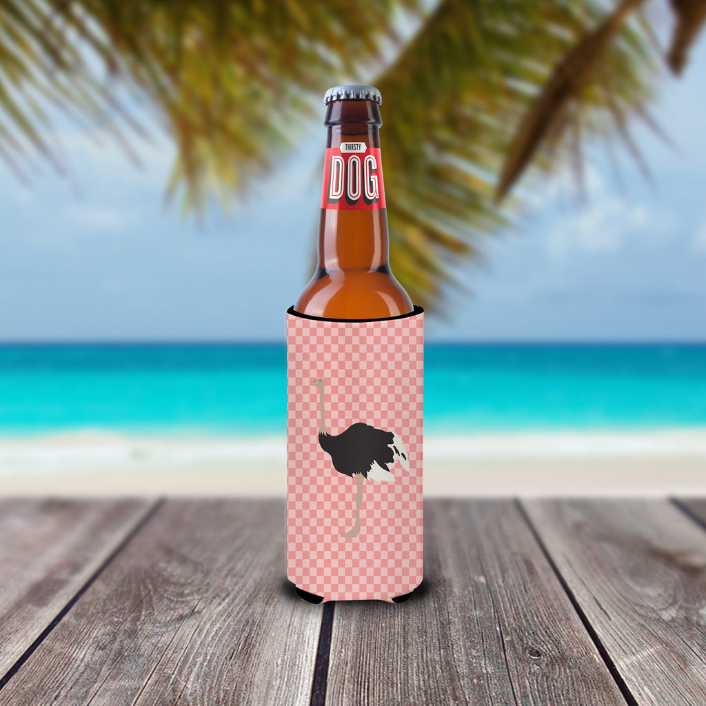 Common Ostrich Pink Check Slim Can Hugger , Insulated Foam Hugger for 12 oz Slim Cans, Beer Bottles & Water Bottles, Printed in USA