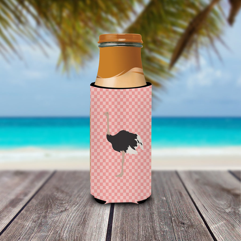 Common Ostrich Pink Check Slim Can Hugger , Insulated Foam Hugger for 12 oz Slim Cans, Beer Bottles & Water Bottles, Printed in USA