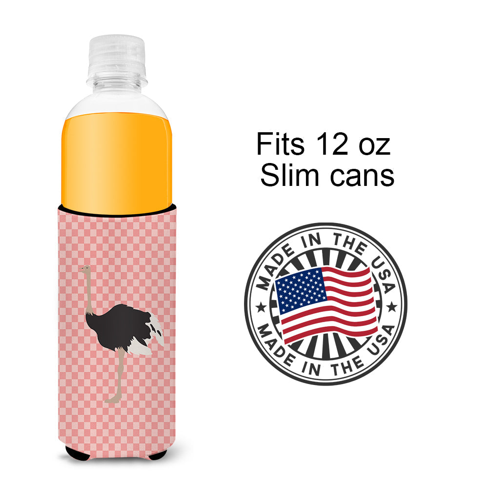 Common Ostrich Pink Check Slim Can Hugger , Insulated Foam Hugger for 12 oz Slim Cans, Beer Bottles & Water Bottles, Printed in USA