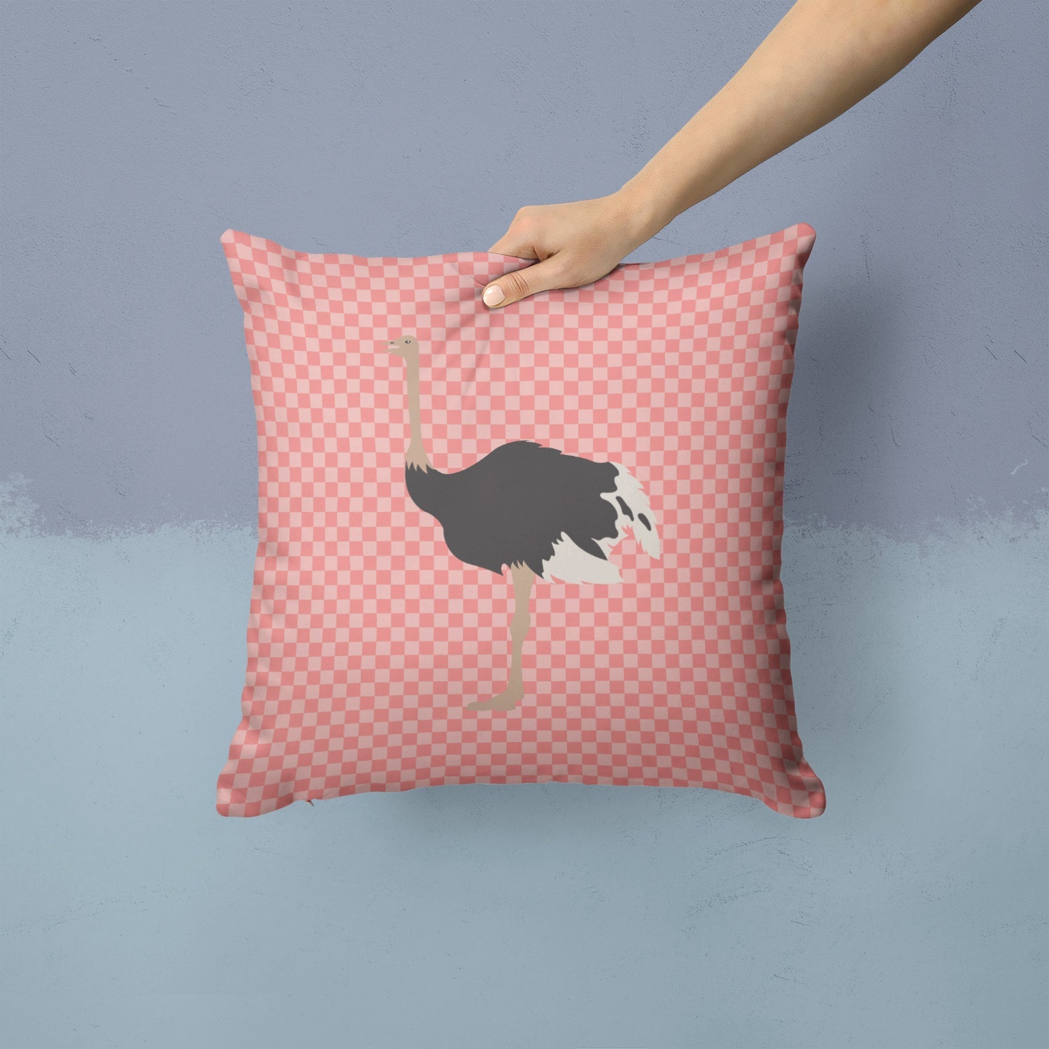 Common Ostrich Pink Check Decorative Throw Pillow 14x14 Indoor Outdoor Accent Cushion, Fabric Cover with Insert for Sofa, Bed, Porch & Living Room