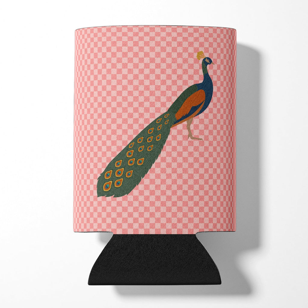 Indian Peacock Peafowl Pink Check Can or Bottle Hugger Cooler Sleeve for Standard 12 oz Cans, Insulated Foam Beer & Soda Can Hugger Reusable
