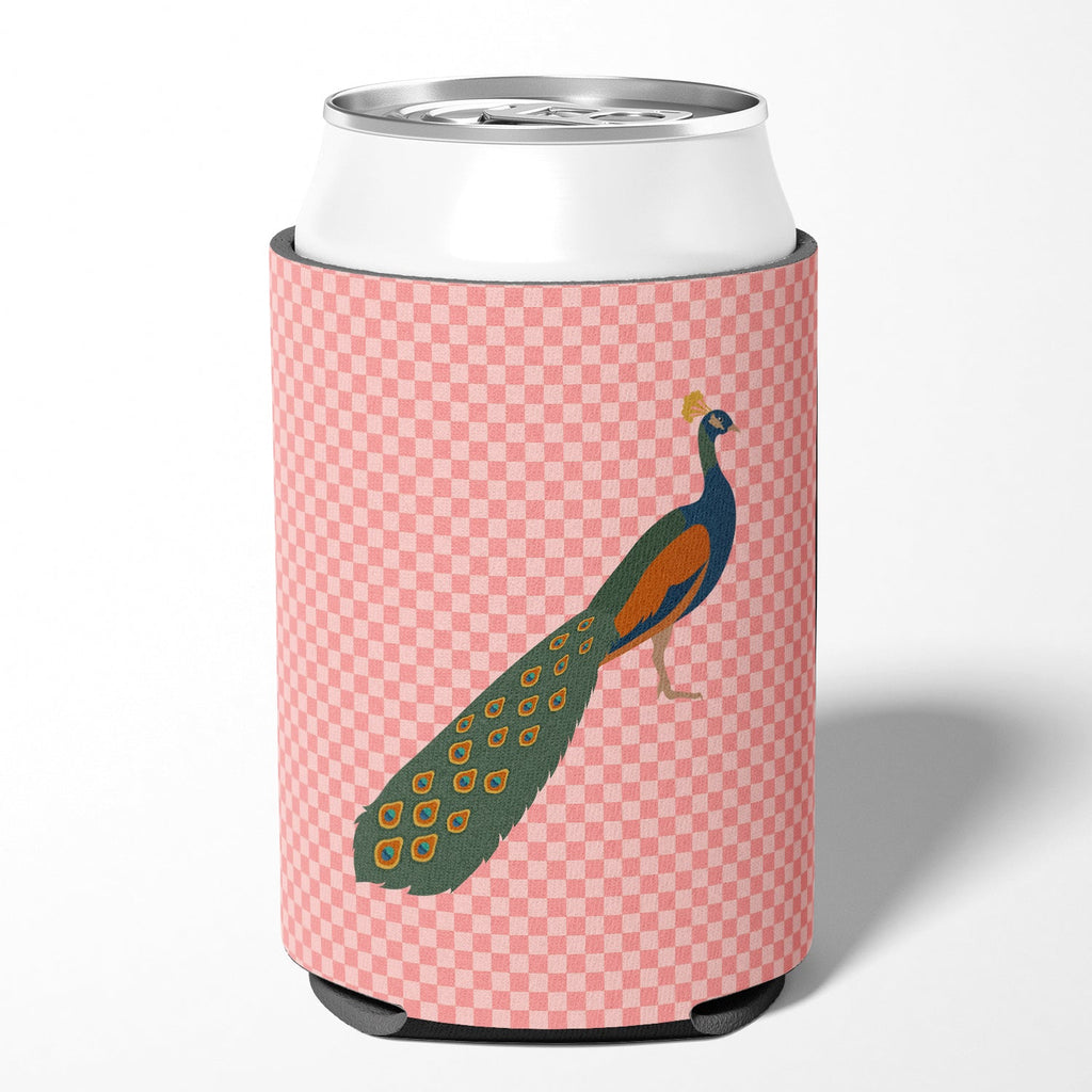 Indian Peacock Peafowl Pink Check Can or Bottle Hugger Cooler Sleeve for Standard 12 oz Cans, Insulated Foam Beer & Soda Can Hugger Reusable