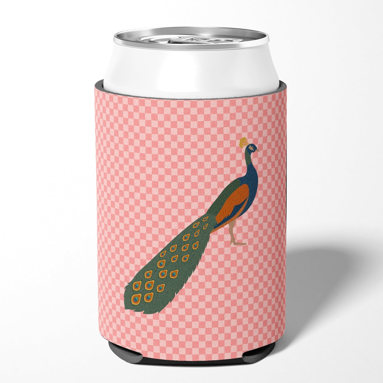 Indian Peacock Peafowl Pink Check Can or Bottle Hugger Cooler Sleeve for Standard 12 oz Cans, Insulated Foam Beer & Soda Can Hugger Reusable