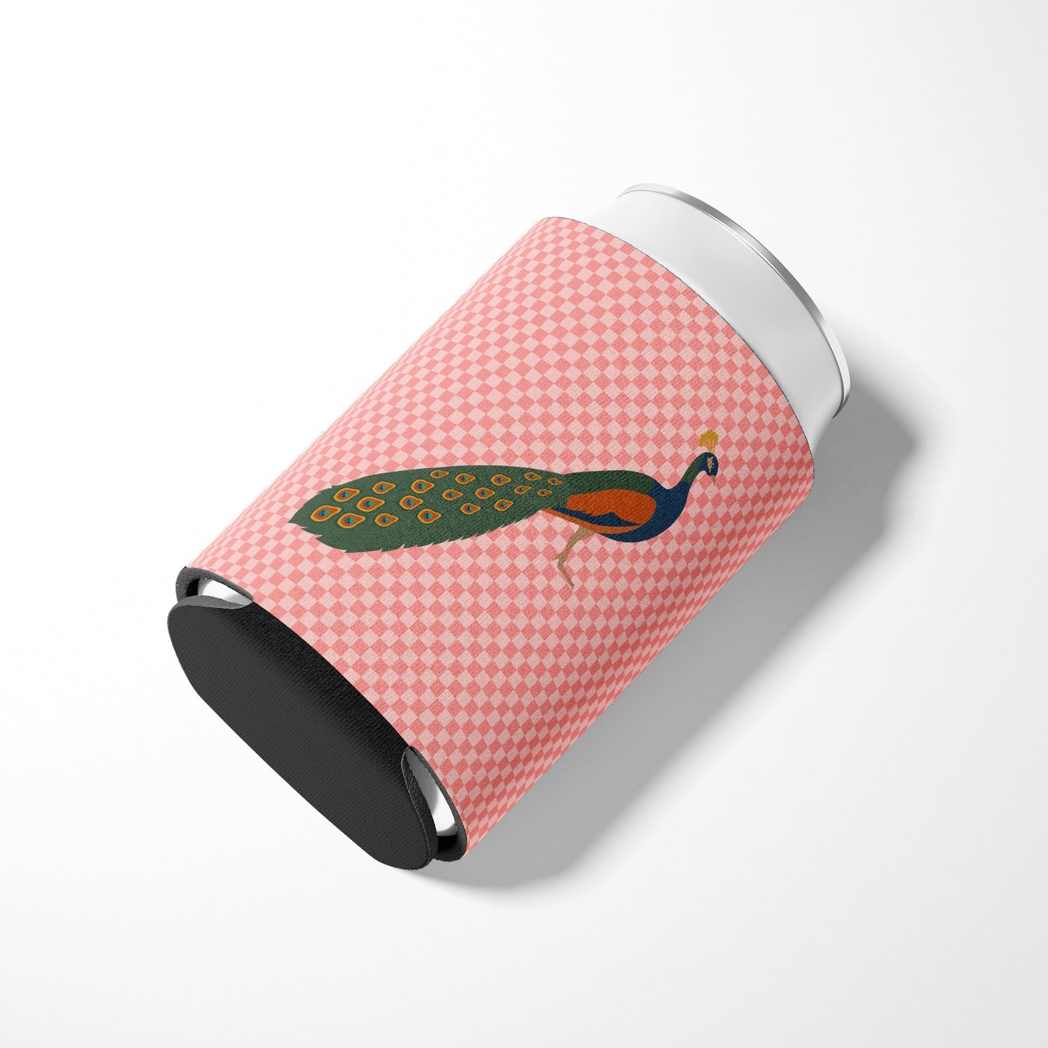 Indian Peacock Peafowl Pink Check Can or Bottle Hugger Cooler Sleeve for Standard 12 oz Cans, Insulated Foam Beer & Soda Can Hugger Reusable