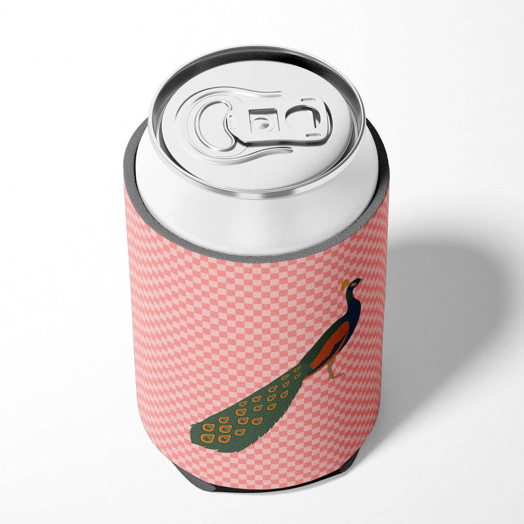 Indian Peacock Peafowl Pink Check Can or Bottle Hugger Cooler Sleeve for Standard 12 oz Cans, Insulated Foam Beer & Soda Can Hugger Reusable