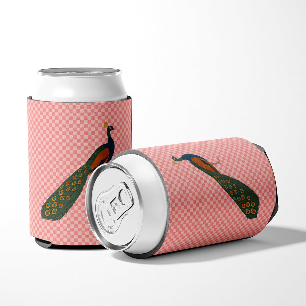 Indian Peacock Peafowl Pink Check Can or Bottle Hugger Cooler Sleeve for Standard 12 oz Cans, Insulated Foam Beer & Soda Can Hugger Reusable