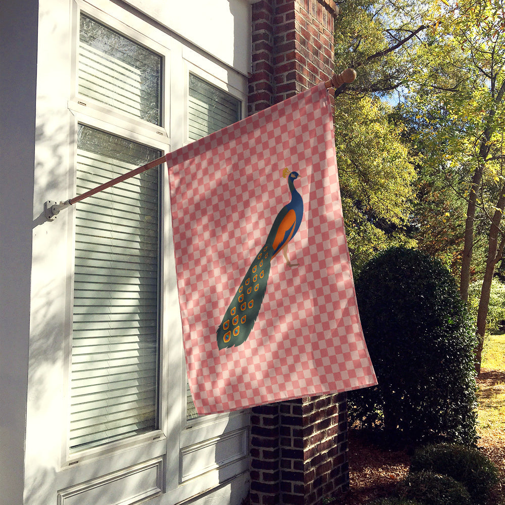 Indian Peacock Peafowl Pink Check House Flag 28x40 Porch Sleeve Pole Decorative Outside Yard Banner Artwork Wall Hanging, Polyester