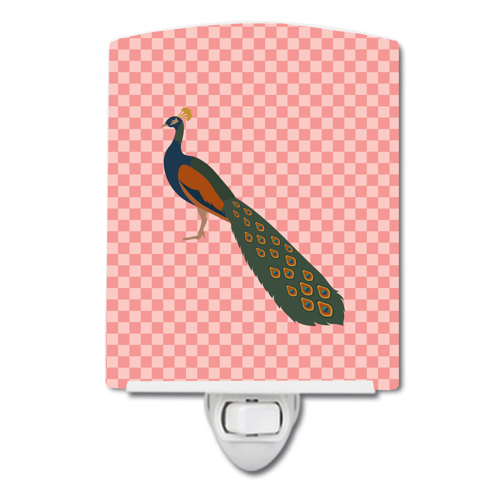 Indian Peacock Peafowl Pink Check Ceramic Night Light Compact, UL-Certified, Ideal for Bedroom, Bathroom, Nursery, Hallway, Kitchen, 6x4x3, Multicolor
