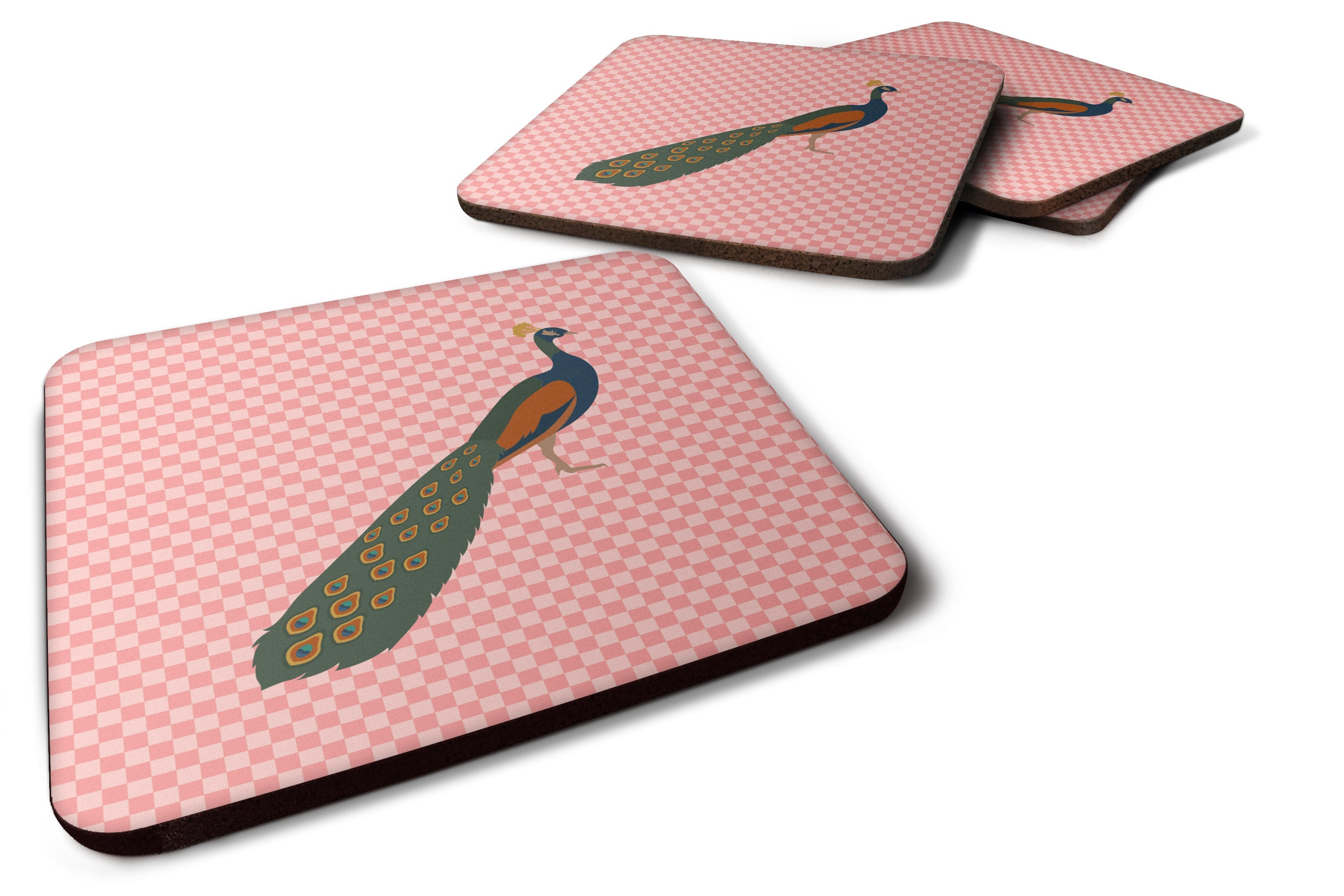 Indian Peacock Peafowl Pink Check Foam Coasters Set of 4 Cup Coasters for Indoor Outdoor, Tabletop Protection, Anti Slip, Mouse pad Material