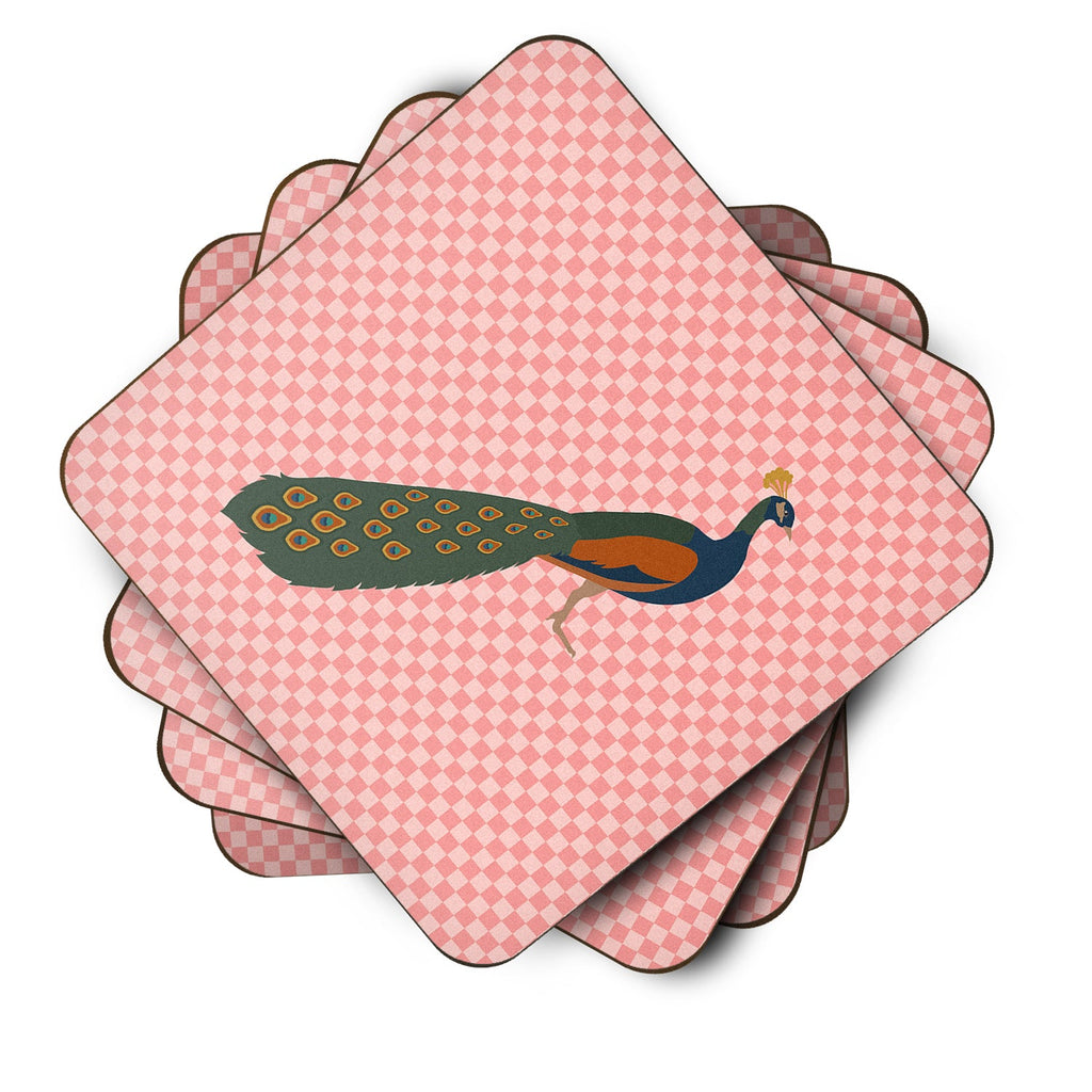 Indian Peacock Peafowl Pink Check Foam Coasters Set of 4 Cup Coasters for Indoor Outdoor, Tabletop Protection, Anti Slip, Mouse pad Material
