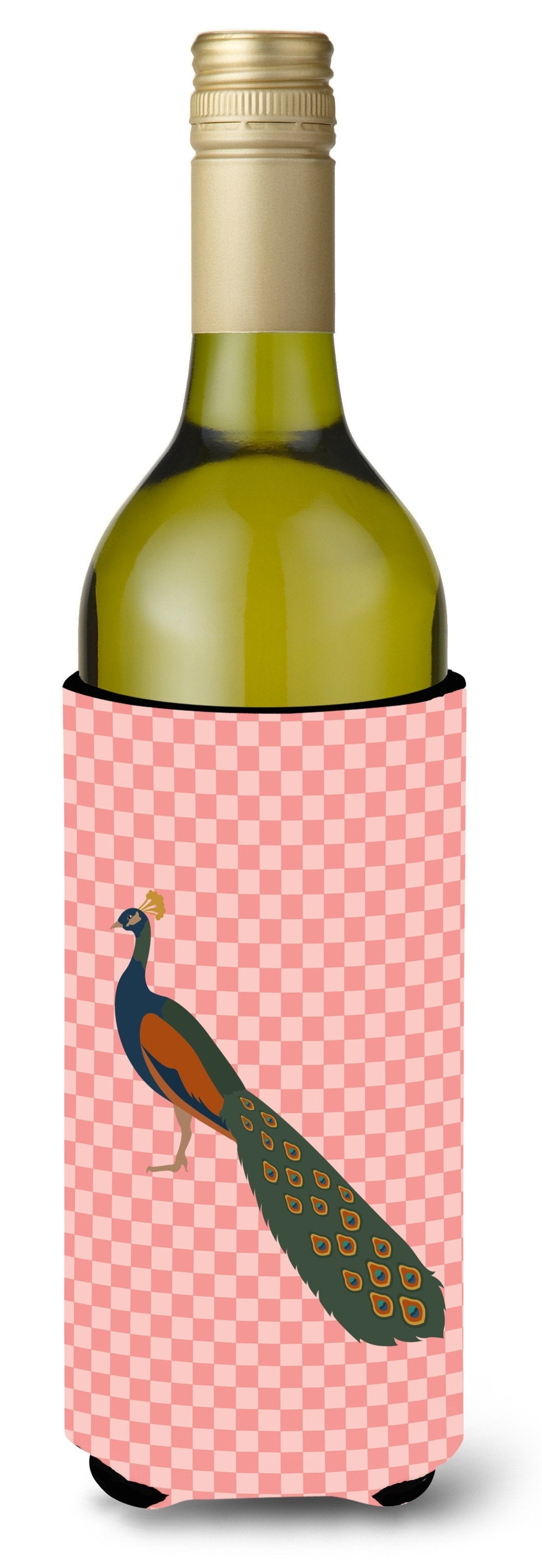 Indian Peacock Peafowl Pink Check Wine Bottle Hugger Gift Sleeve for Standard 750 ml Bottles, Insulated Reusable Also Fits Mini Shot & Pint Bottles