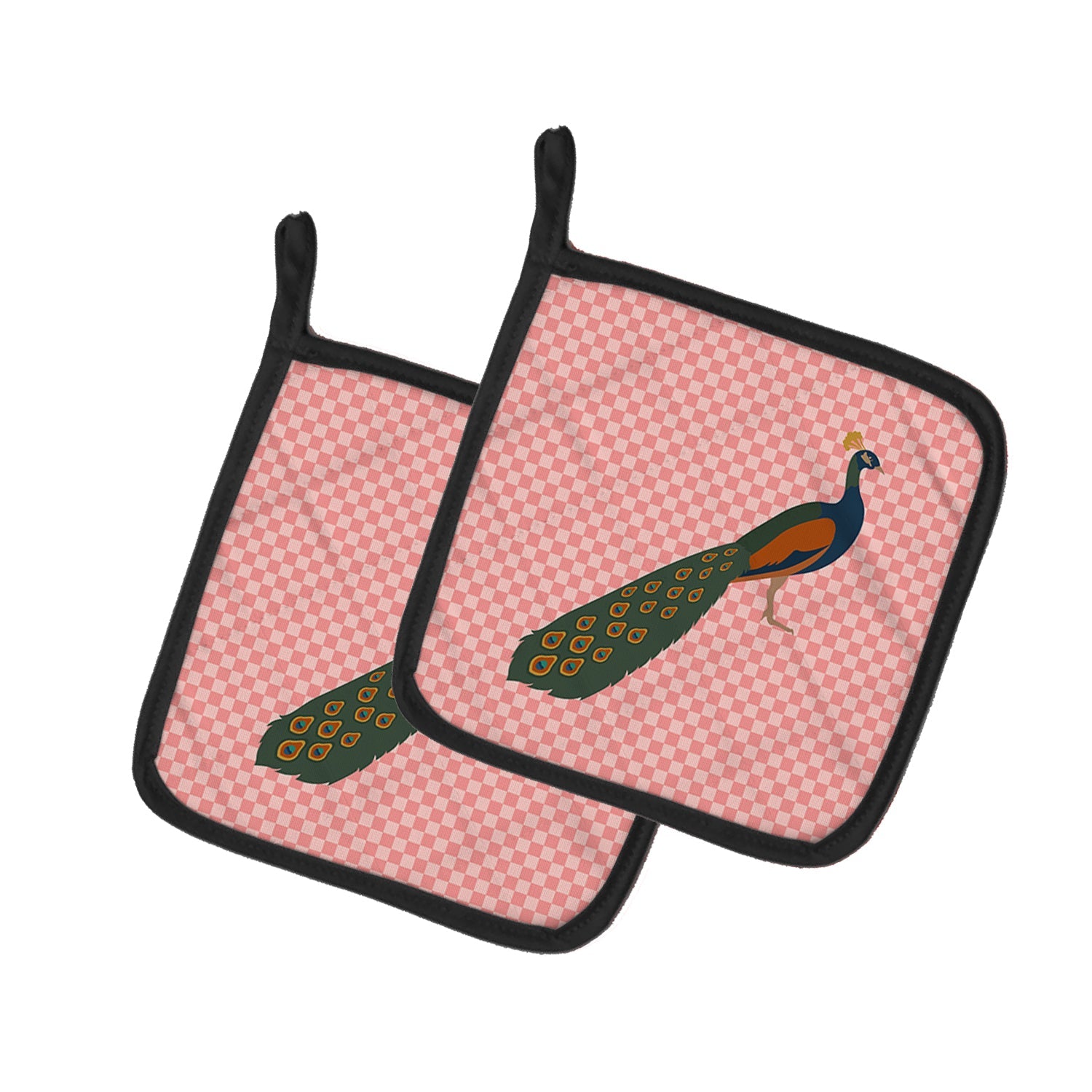 Indian Peacock Peafowl Pink Check Pot Holder Set of 2 Heat Resistant Quilted Hot Pads 7.5 x 7.5 Inch, Insulated Kitchen Trivets for Cooking & Baking