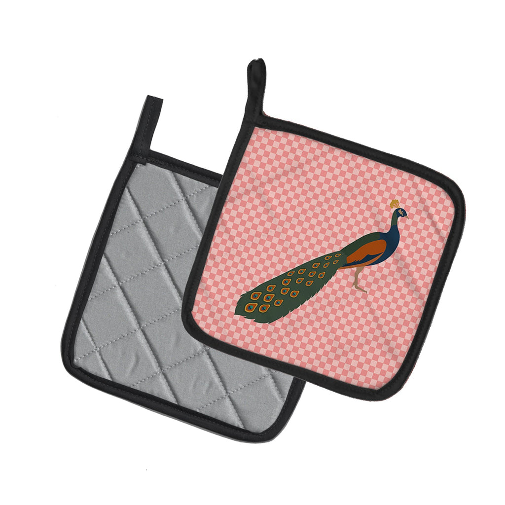 Indian Peacock Peafowl Pink Check Pot Holder Set of 2 Heat Resistant Quilted Hot Pads 7.5 x 7.5 Inch, Insulated Kitchen Trivets for Cooking & Baking