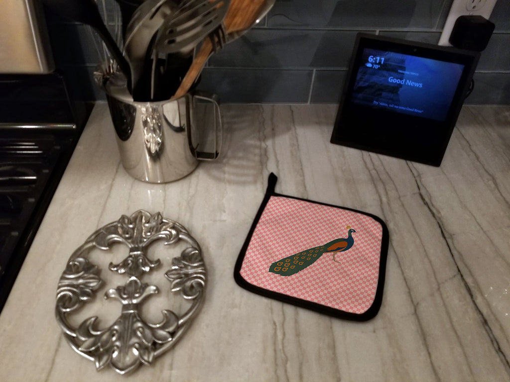 Indian Peacock Peafowl Pink Check Pot Holder Set of 2 Heat Resistant Quilted Hot Pads 7.5 x 7.5 Inch, Insulated Kitchen Trivets for Cooking & Baking