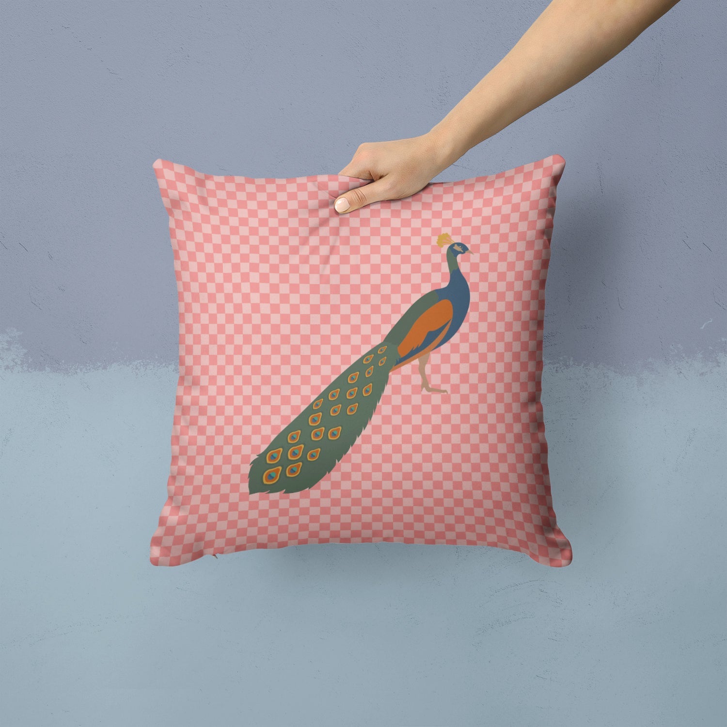 Indian Peacock Peafowl Pink Check Decorative Throw Pillow 14x14 Indoor Outdoor Accent Cushion, Fabric Cover with Insert for Sofa, Bed, Porch & Living Room