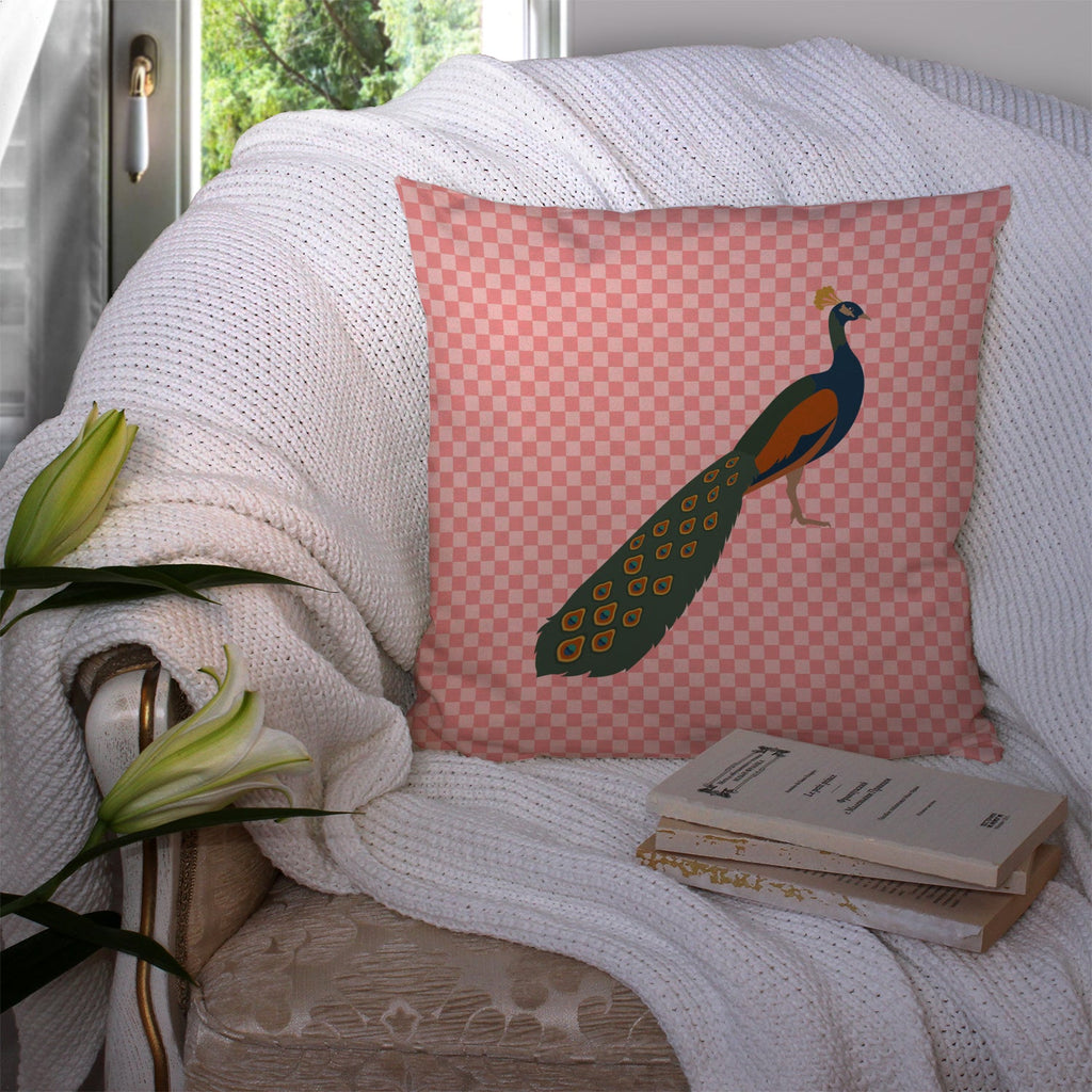 Indian Peacock Peafowl Pink Check Decorative Throw Pillow 14x14 Indoor Outdoor Accent Cushion, Fabric Cover with Insert for Sofa, Bed, Porch & Living Room