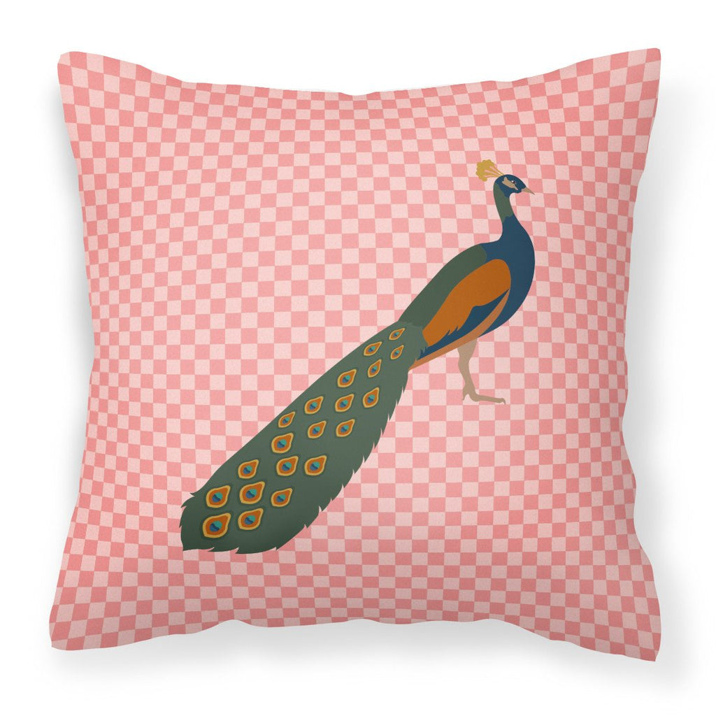 Indian Peacock Peafowl Pink Check Decorative Throw Pillow 18x18 Indoor Outdoor Accent Cushion, Fabric Cover with Insert for Sofa, Bed, Porch & Living Room