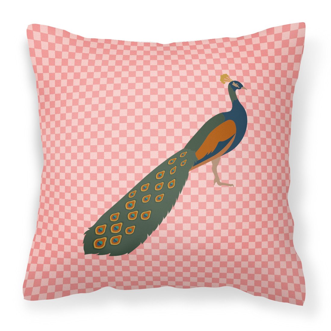 Indian Peacock Peafowl Pink Check Decorative Throw Pillow 18x18 Indoor Outdoor Accent Cushion, Fabric Cover with Insert for Sofa, Bed, Porch & Living Room