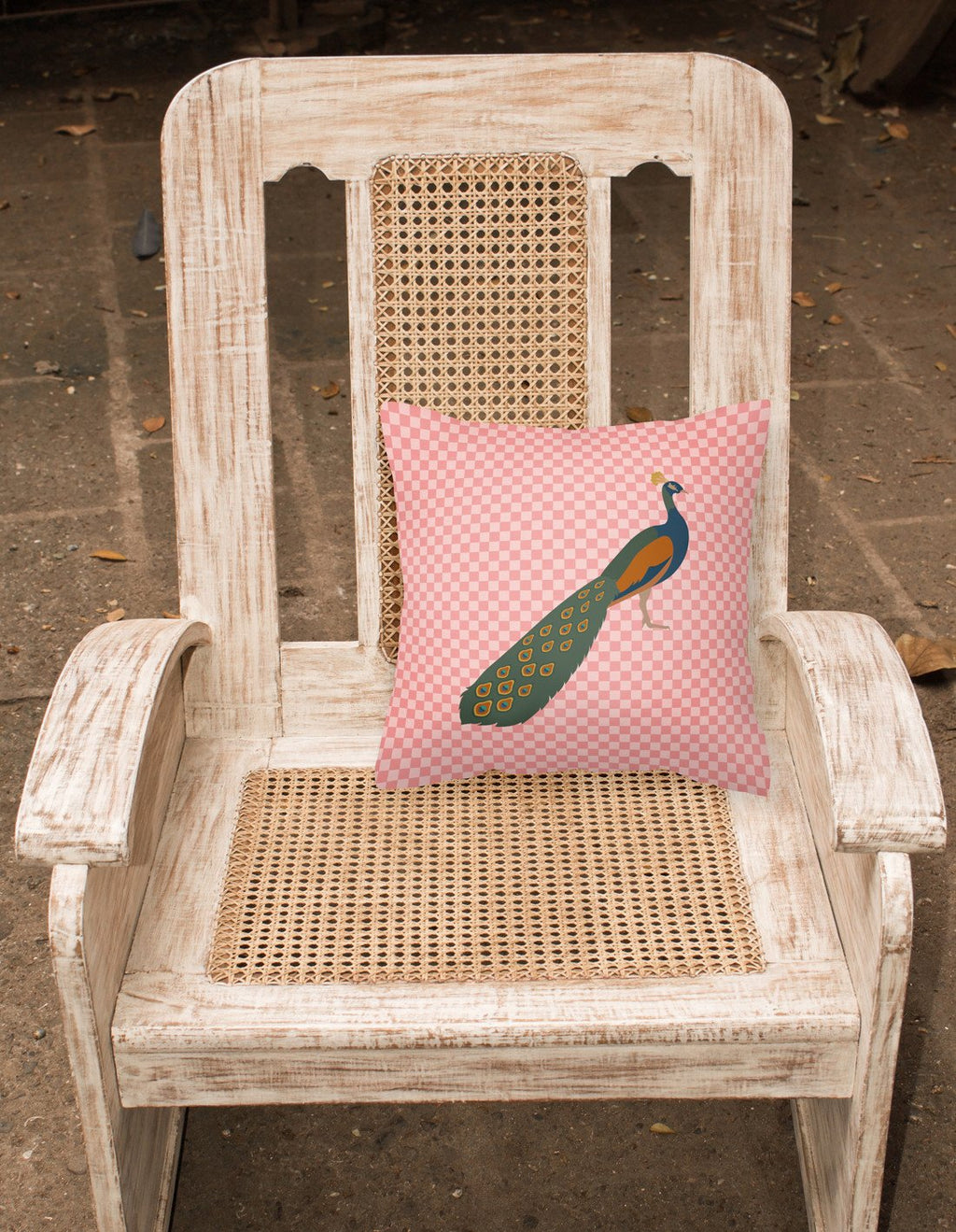 Indian Peacock Peafowl Pink Check Decorative Throw Pillow 18x18 Indoor Outdoor Accent Cushion, Fabric Cover with Insert for Sofa, Bed, Porch & Living Room