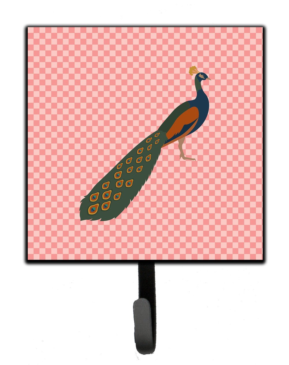 Indian Peacock Peafowl Pink Check Leash or Key Holder Wall Hooks, Key Hooks Holder, Coat Rack Wall Mount, Coat Hooks, Hooks for Hanging Keys, Towels, Aprons, Leashes