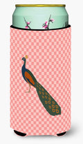 Indian Peacock Peafowl Pink Check Tall Boy Hugger Can Cooler Sleeve Machine Washable Drink Collapsible Insulator Beverage Insulated Holder