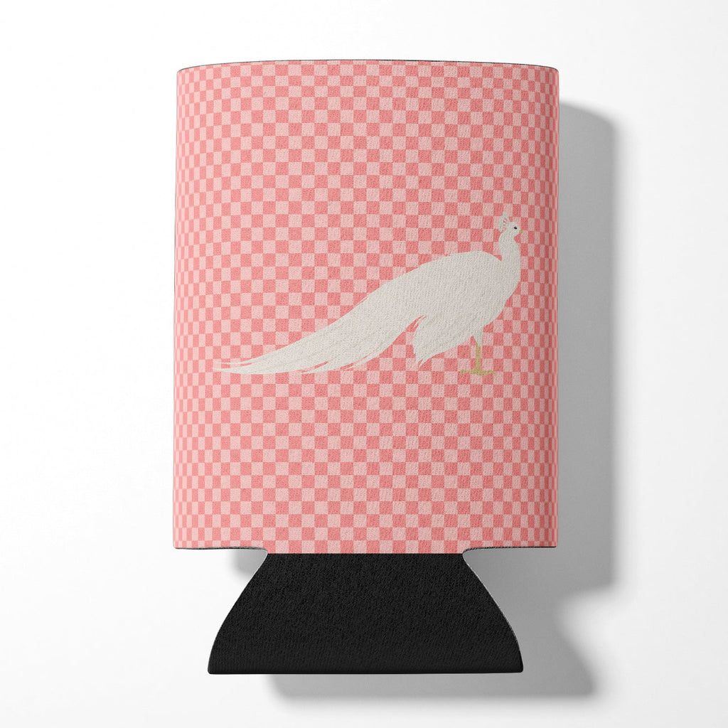 White Peacock Peafowl Pink Check Can or Bottle Hugger Cooler Sleeve for Standard 12 oz Cans, Insulated Foam Beer & Soda Can Hugger Reusable