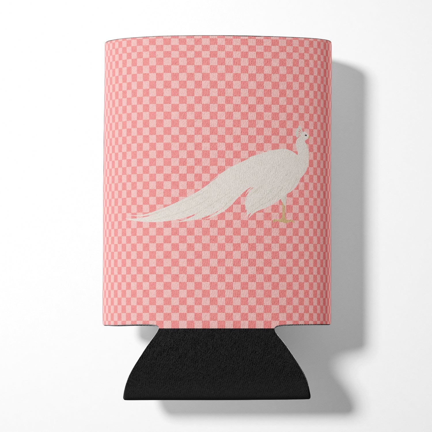 White Peacock Peafowl Pink Check Can or Bottle Hugger Cooler Sleeve for Standard 12 oz Cans, Insulated Foam Beer & Soda Can Hugger Reusable