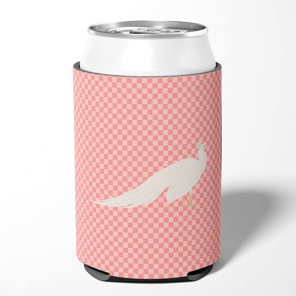 White Peacock Peafowl Pink Check Can or Bottle Hugger Cooler Sleeve for Standard 12 oz Cans, Insulated Foam Beer & Soda Can Hugger Reusable