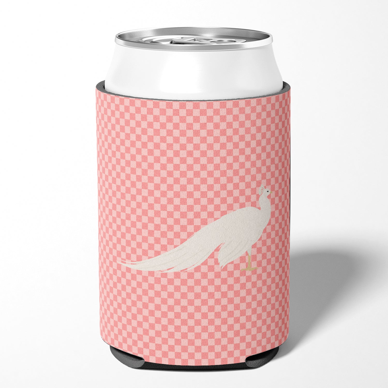 White Peacock Peafowl Pink Check Can or Bottle Hugger Cooler Sleeve for Standard 12 oz Cans, Insulated Foam Beer & Soda Can Hugger Reusable