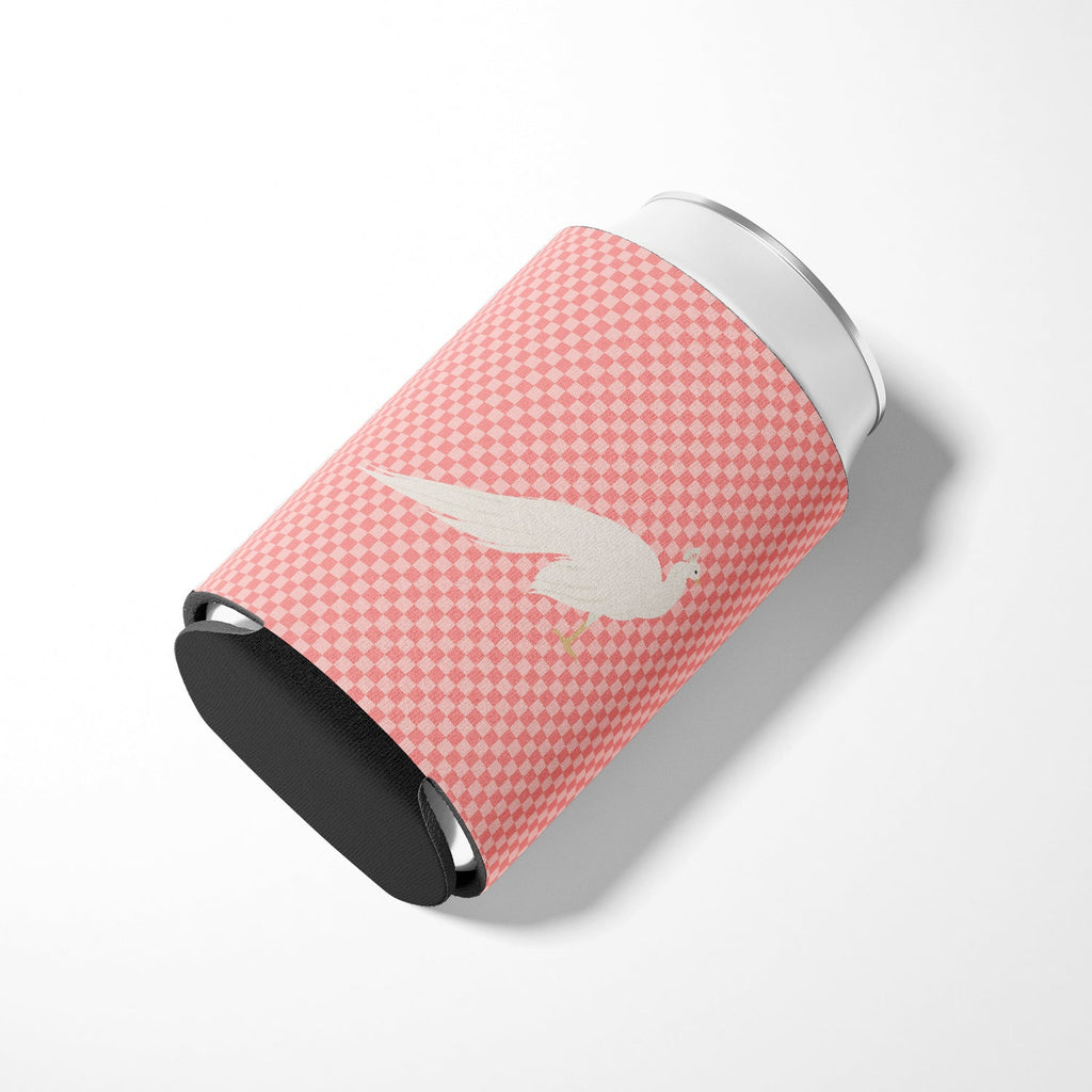 White Peacock Peafowl Pink Check Can or Bottle Hugger Cooler Sleeve for Standard 12 oz Cans, Insulated Foam Beer & Soda Can Hugger Reusable