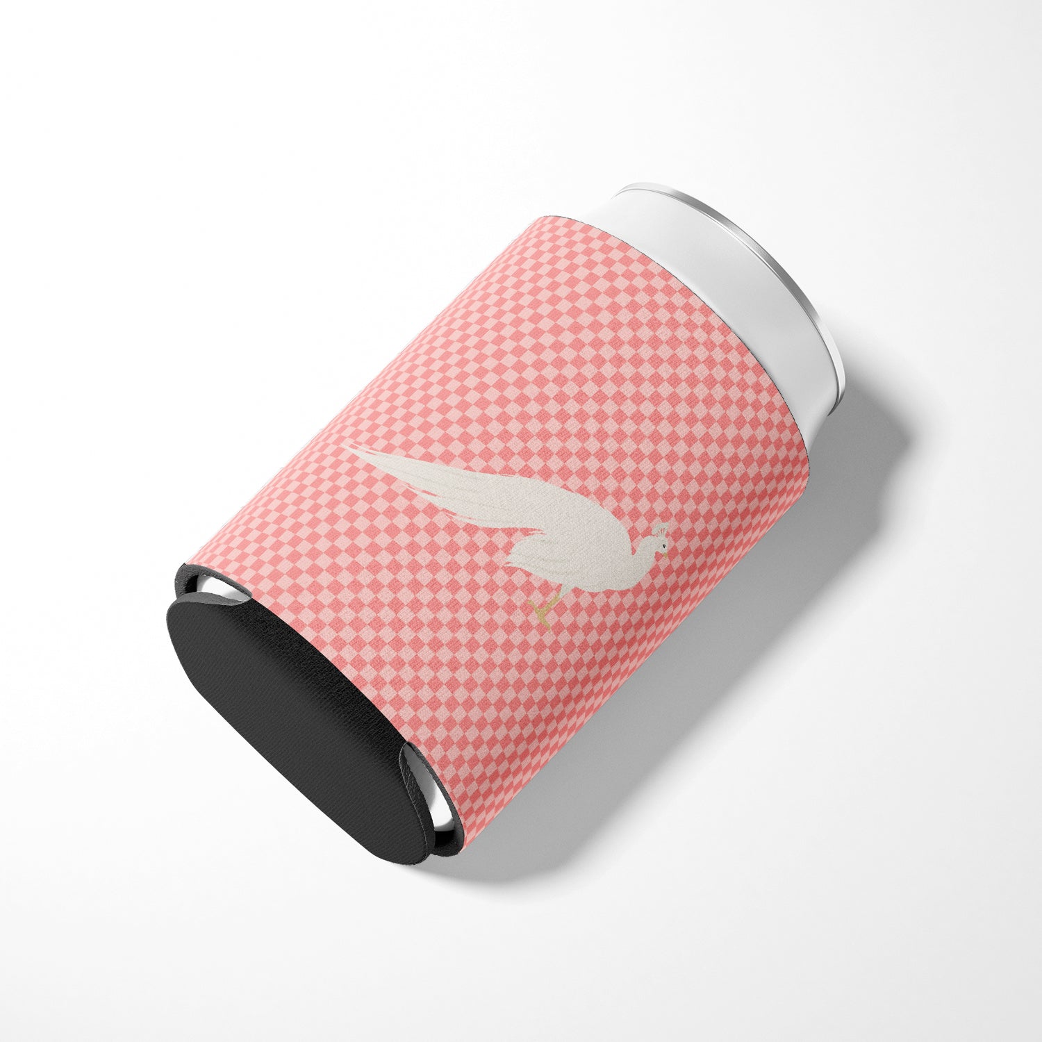 White Peacock Peafowl Pink Check Can or Bottle Hugger Cooler Sleeve for Standard 12 oz Cans, Insulated Foam Beer & Soda Can Hugger Reusable