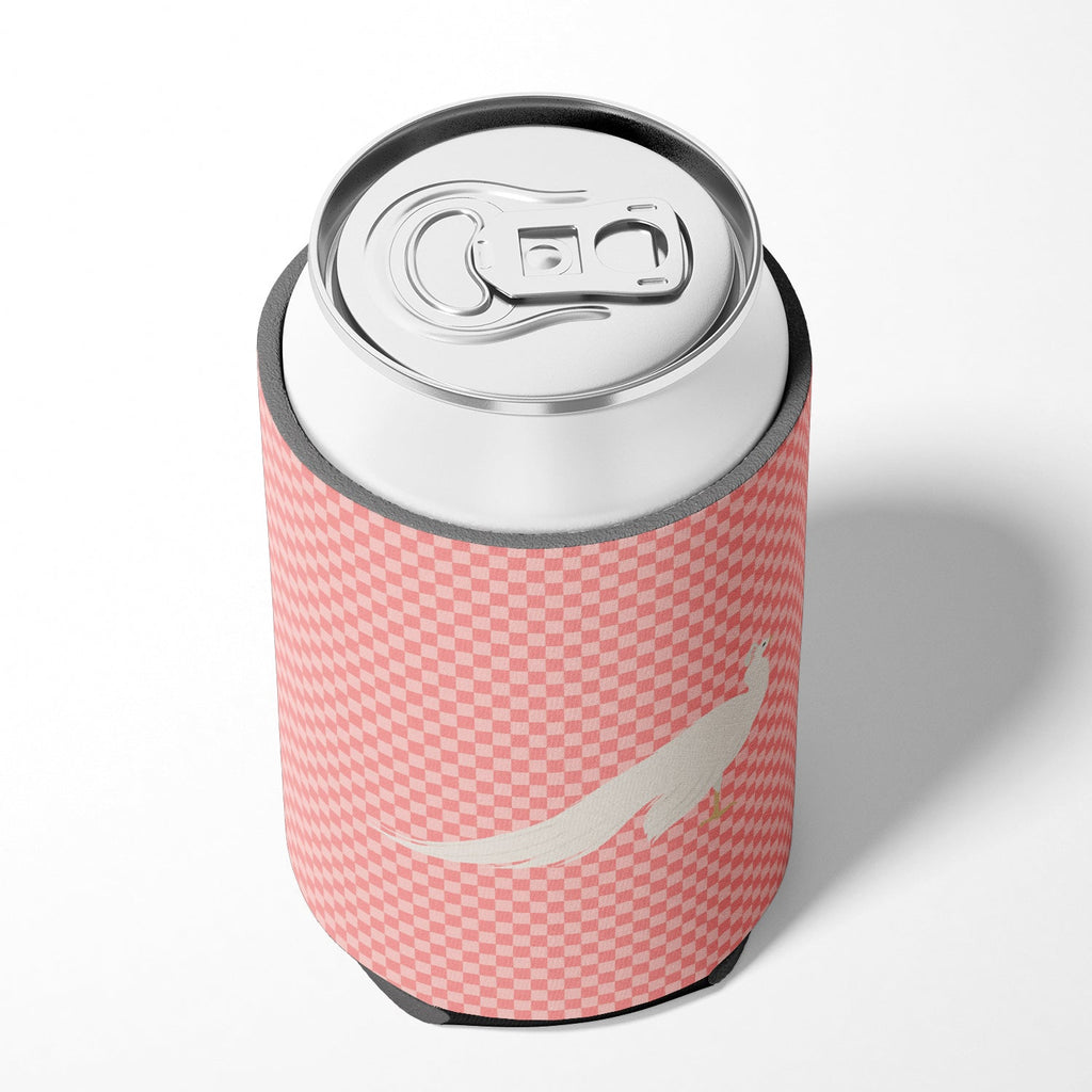White Peacock Peafowl Pink Check Can or Bottle Hugger Cooler Sleeve for Standard 12 oz Cans, Insulated Foam Beer & Soda Can Hugger Reusable