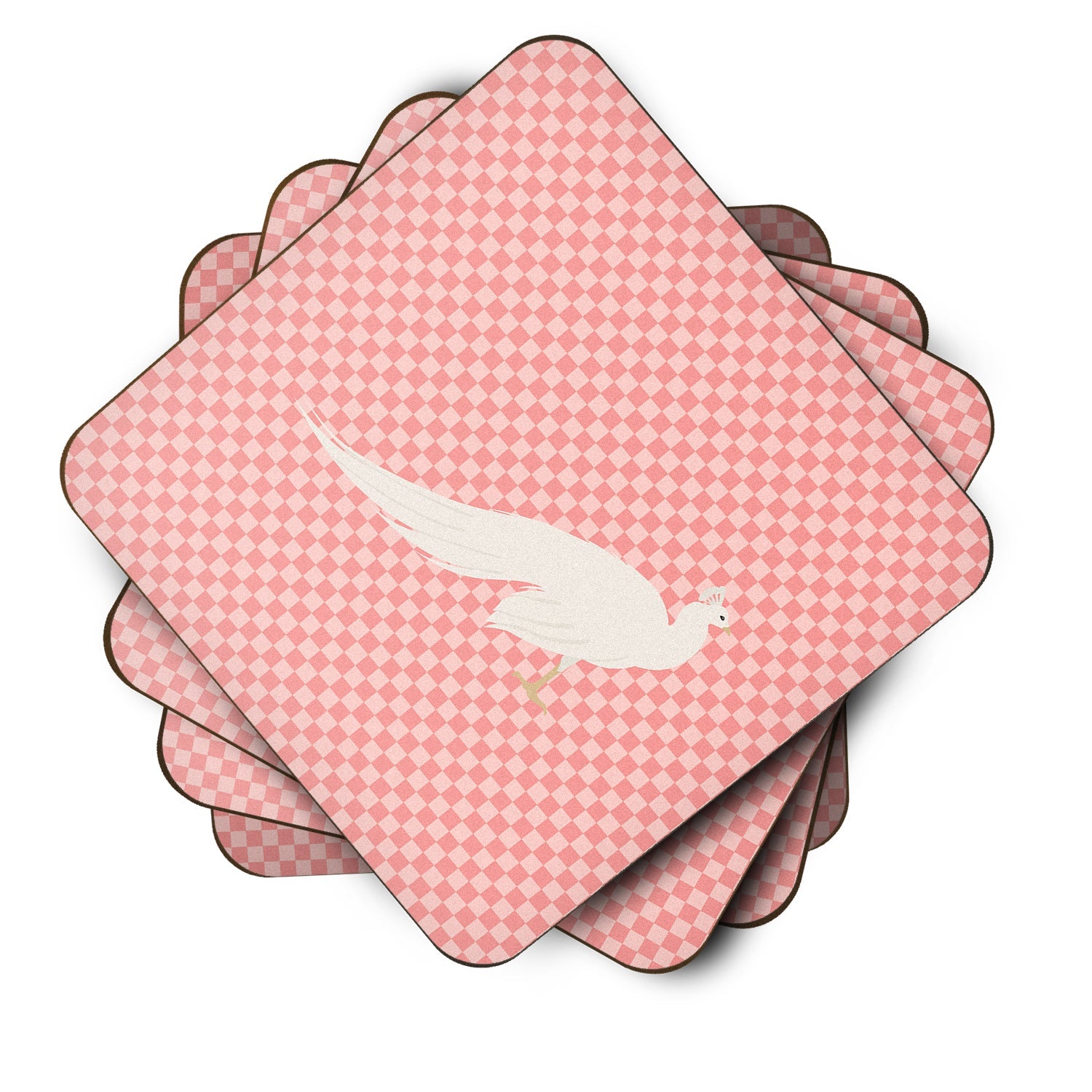 White Peacock Peafowl Pink Check Foam Coasters Set of 4 Cup Coasters for Indoor Outdoor, Tabletop Protection, Anti Slip, Mouse pad Material
