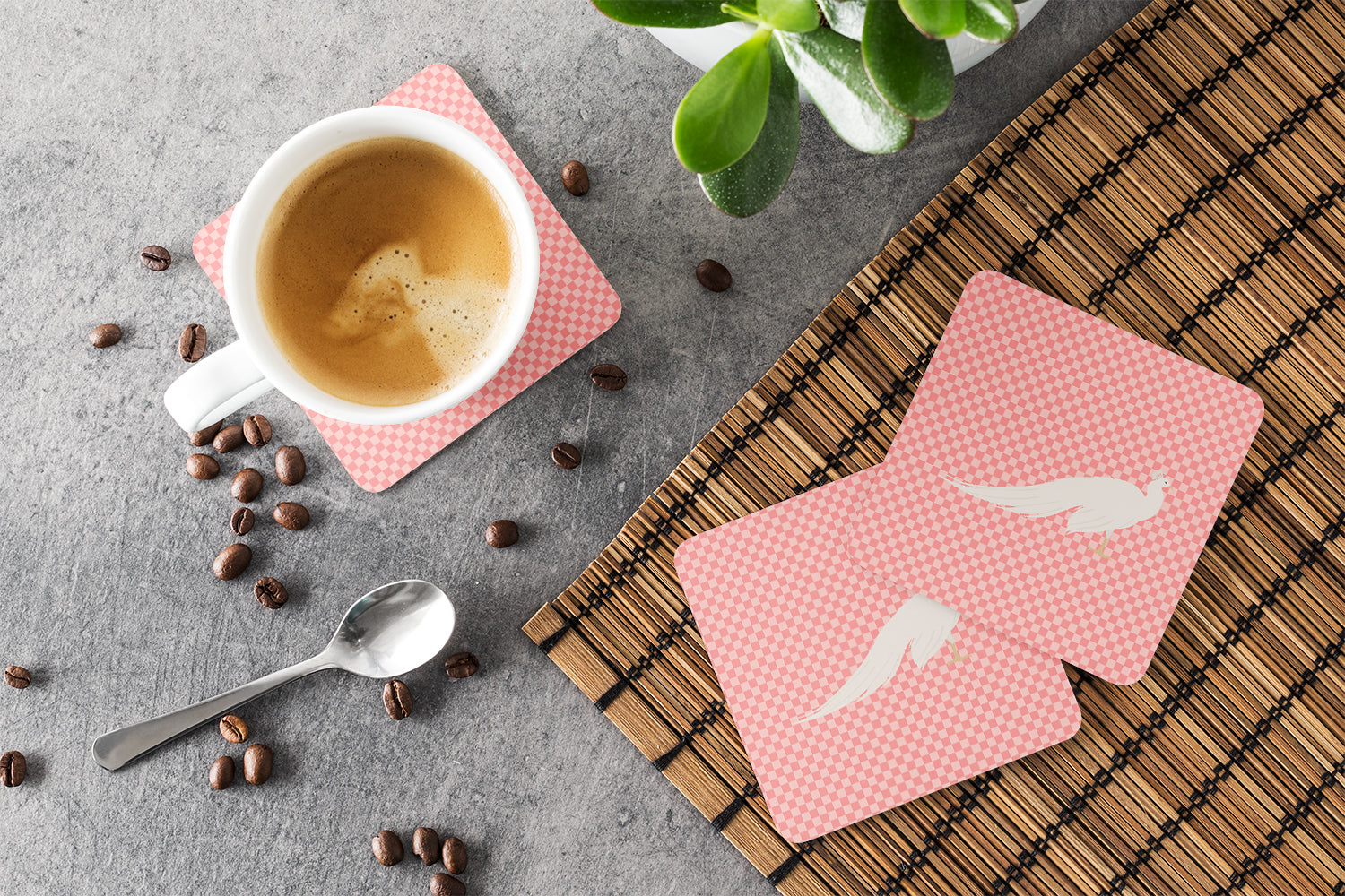 White Peacock Peafowl Pink Check Foam Coasters Set of 4 Cup Coasters for Indoor Outdoor, Tabletop Protection, Anti Slip, Mouse pad Material