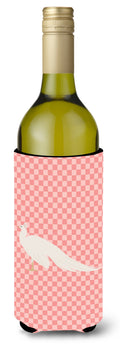White Peacock Peafowl Pink Check Wine Bottle Hugger Gift Sleeve for Standard 750 ml Bottles, Insulated Reusable Also Fits Mini Shot & Pint Bottles