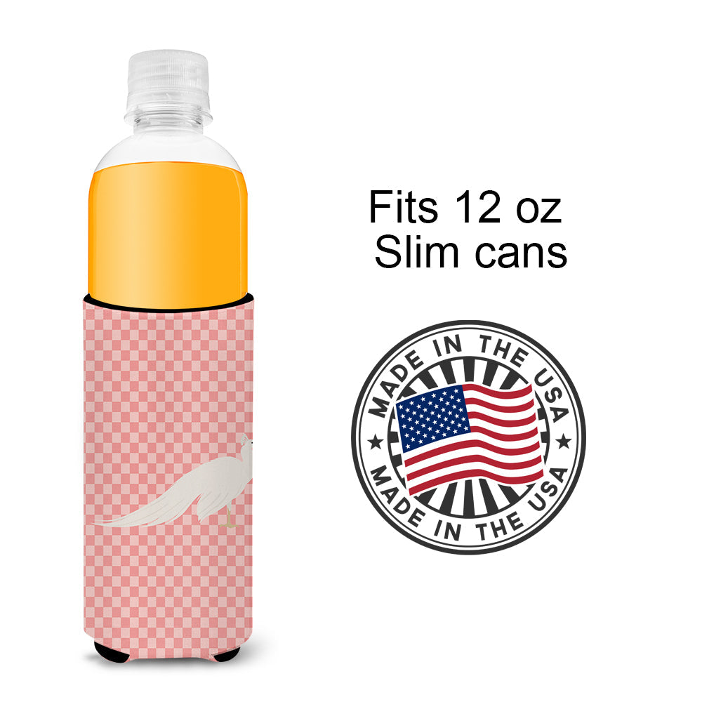 White Peacock Peafowl Pink Check Slim Can Hugger , Insulated Foam Hugger for 12 oz Slim Cans, Beer Bottles & Water Bottles, Printed in USA