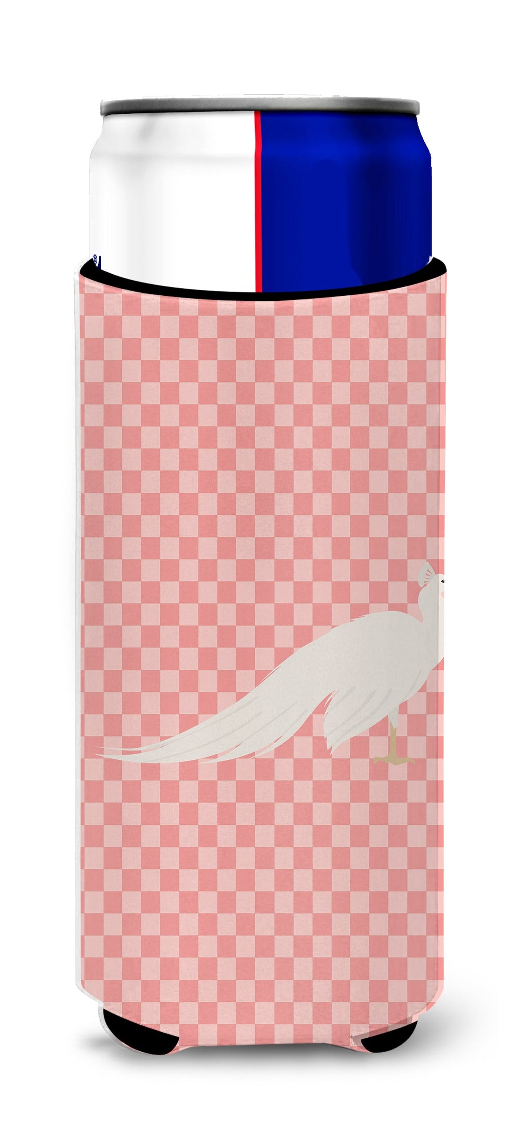 White Peacock Peafowl Pink Check Slim Can Hugger , Insulated Foam Hugger for 12 oz Slim Cans, Beer Bottles & Water Bottles, Printed in USA
