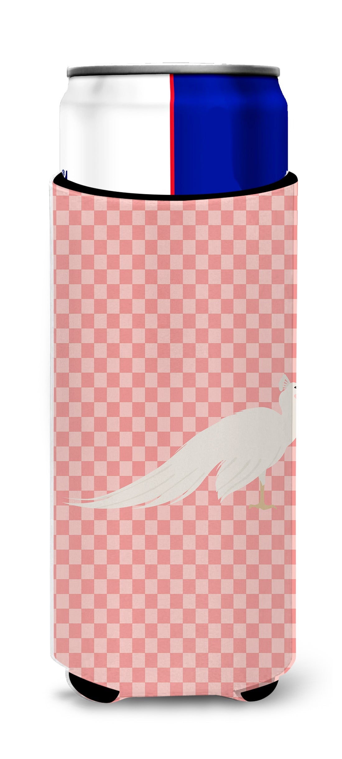 White Peacock Peafowl Pink Check Slim Can Hugger , Insulated Foam Hugger for 12 oz Slim Cans, Beer Bottles & Water Bottles, Printed in USA