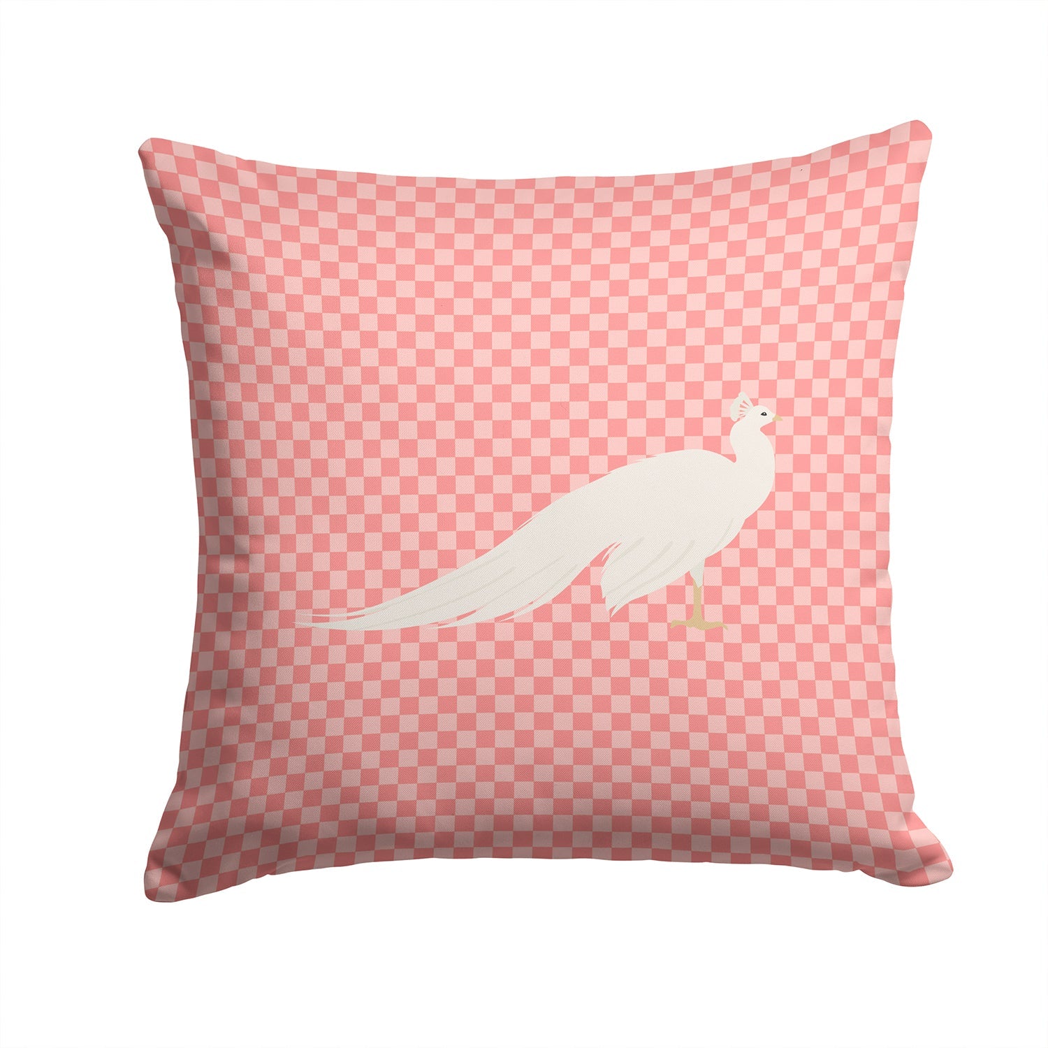 White Peacock Peafowl Pink Check Decorative Throw Pillow 14x14 Indoor Outdoor Accent Cushion, Fabric Cover with Insert for Sofa, Bed, Porch & Living Room